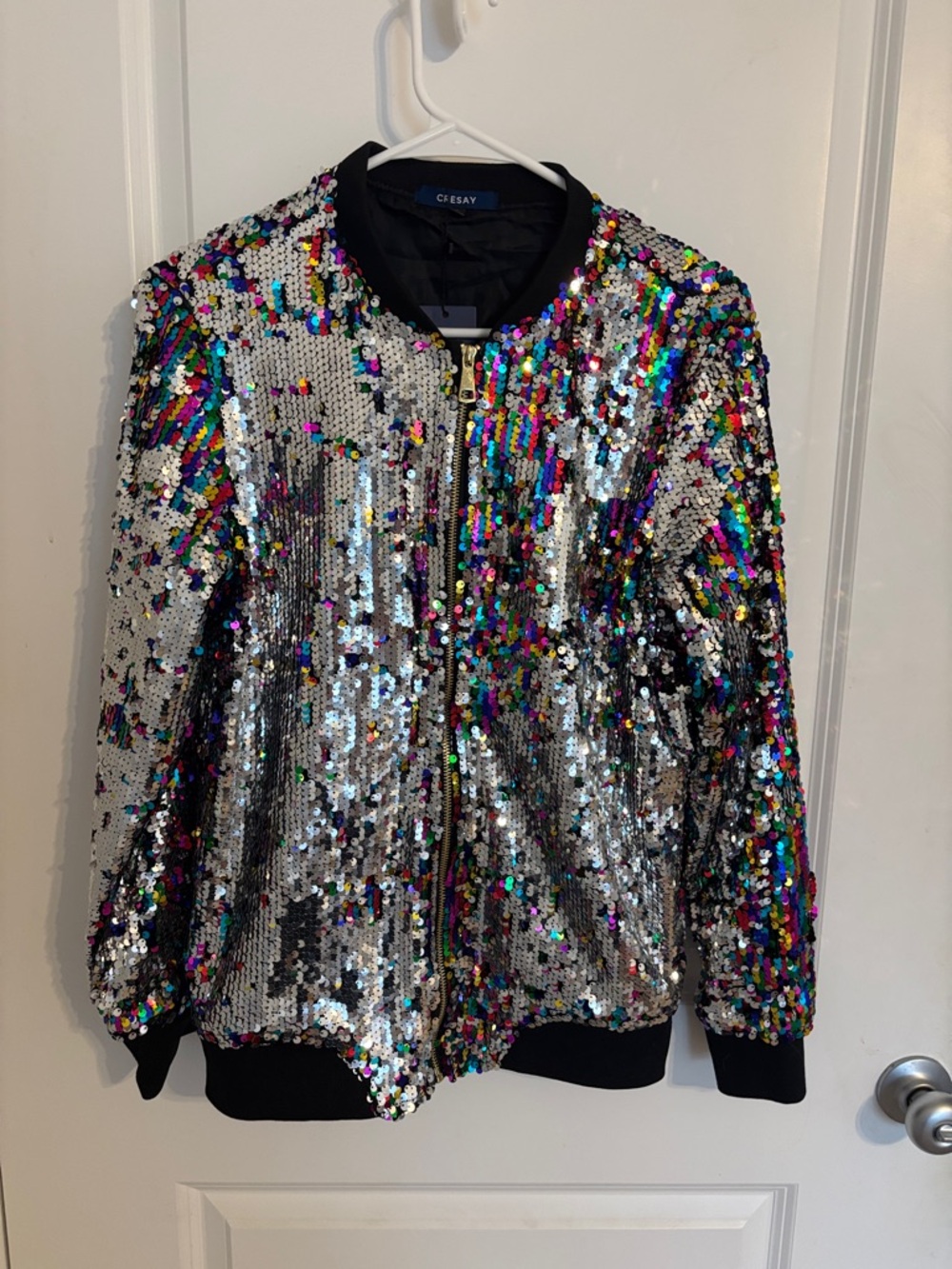 CE/SEAY Silver Reversible Sequin Bomber Jacket with Multicolor Accents